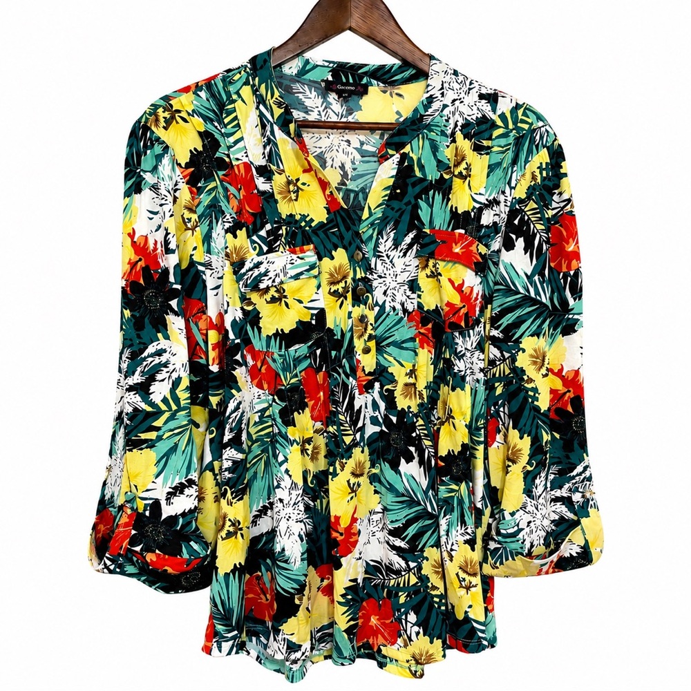 Cocomo Women's Floral Top Size XL Tropical Vacation Artsy Beach Chic Cruise NWT